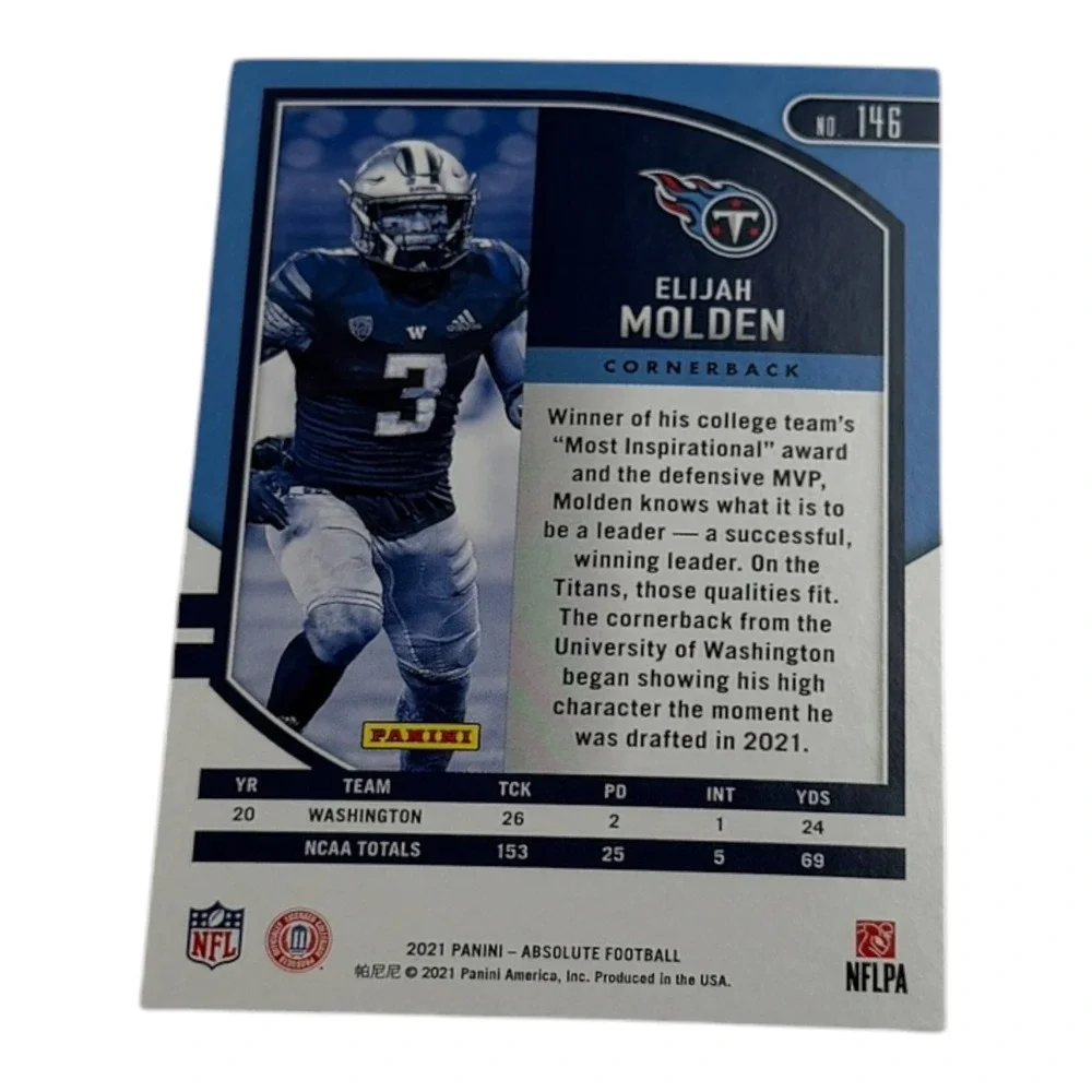 2021 Panini Absolute Football‎ Elijah Molden Rookie Card 146 Tennessee Titans RC